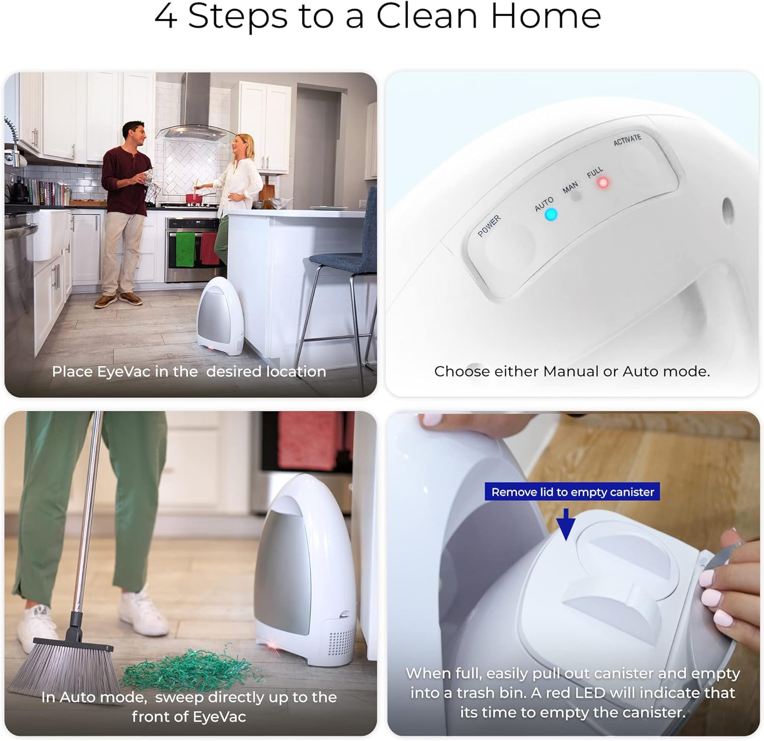 EyeVac Home: Touchless, Fast, and Powerful Automatic Dustpan (White)