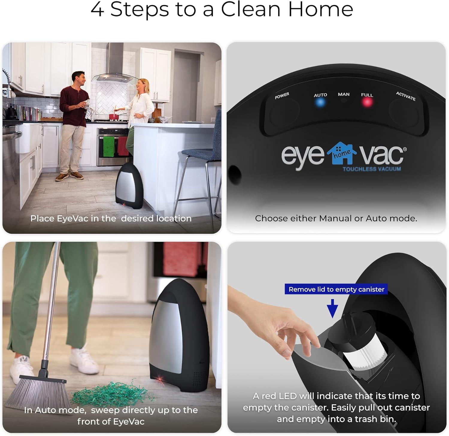 EyeVac Home: Touchless, Fast, and Powerful Automatic Dustpan (Matte Black)