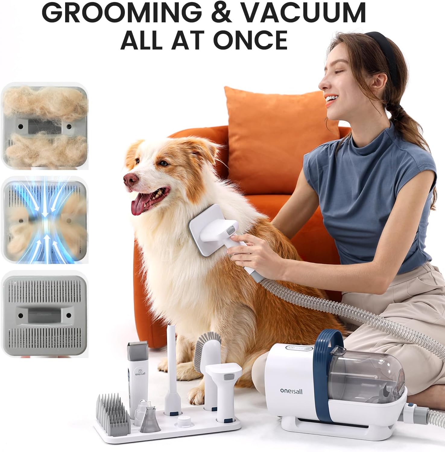 All-in-One Pet Grooming Vacuum and Clipper Kit - Includes Dog Hair Vacuum, Nail Grinder, and 7 Grooming Tools for Efficient Pet Care