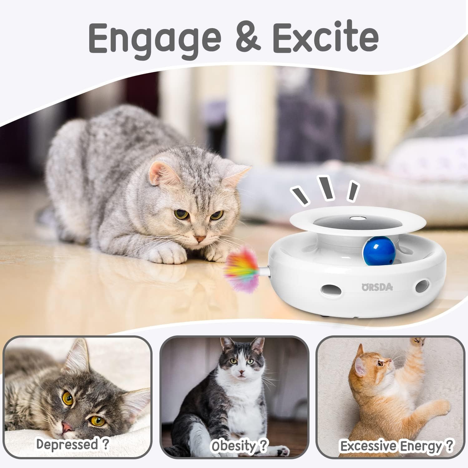 ORSDA 2-in-1 Interactive Cat Toy with Automatic Timer, Spinning Balls, and Ambush Mouse for Indoor Entertainment